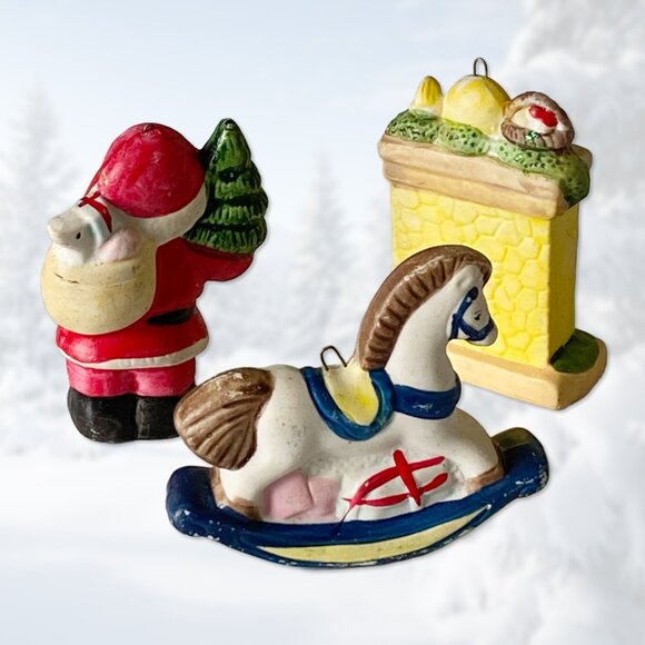 EUC 3 Christmas/Holiday Hanging Ornaments - Santa, Toy Horse & Fireplace Figures - Picture 2 of 3